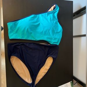 J Crew One Shoulder Swimsuit with mid-drift cutout. Navy and Teal. Size XXL. EUC